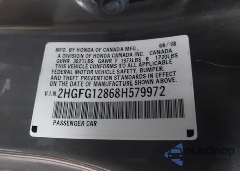 2008 Honda Civic Ex z USA, uszkodzony, nr VIN 2HGFG12868H579972